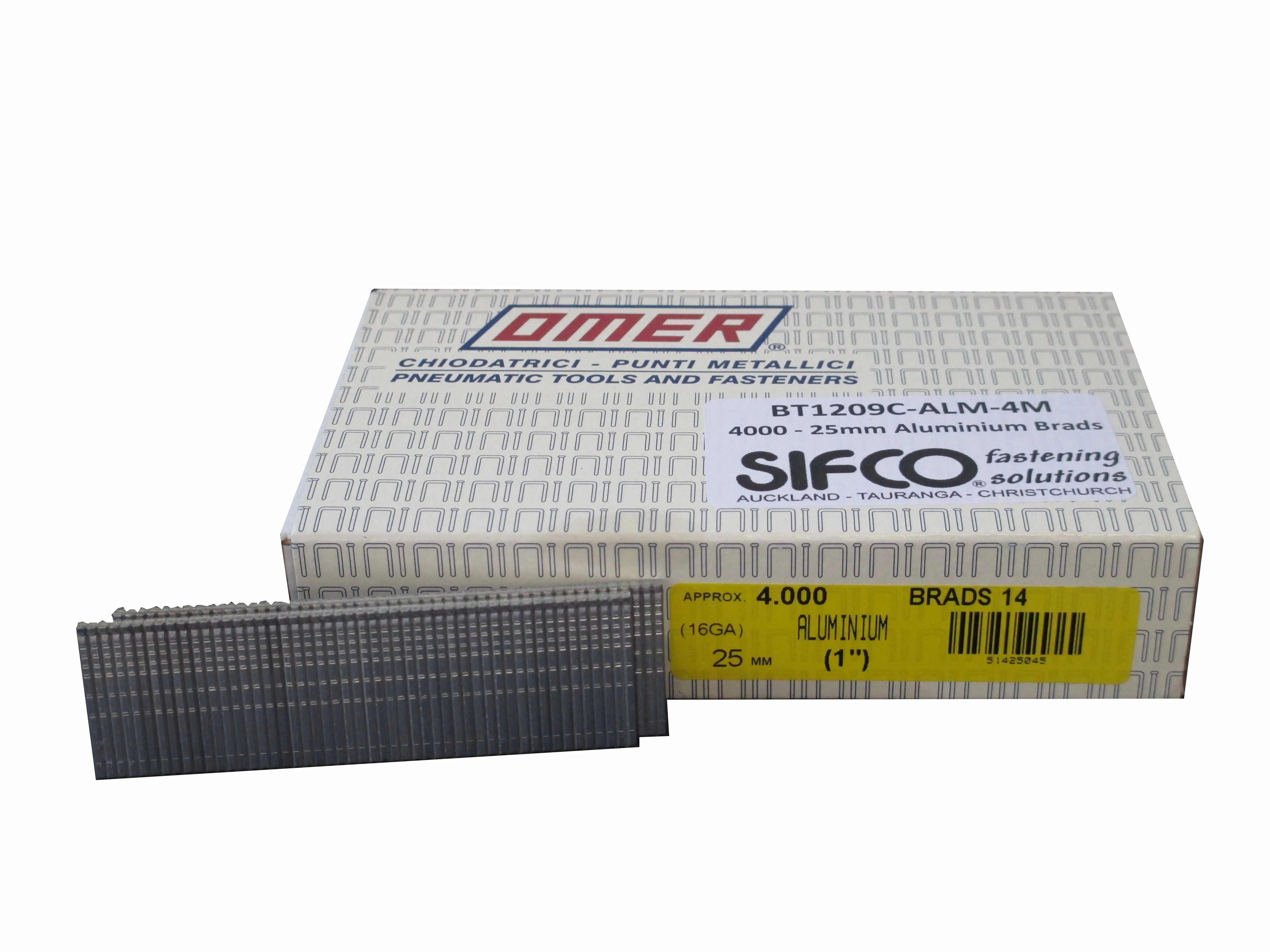 BT1209C-ALM OMER® 25mm C25 16 Gauge Aluminium Brad Nails 4,000pcs/Box