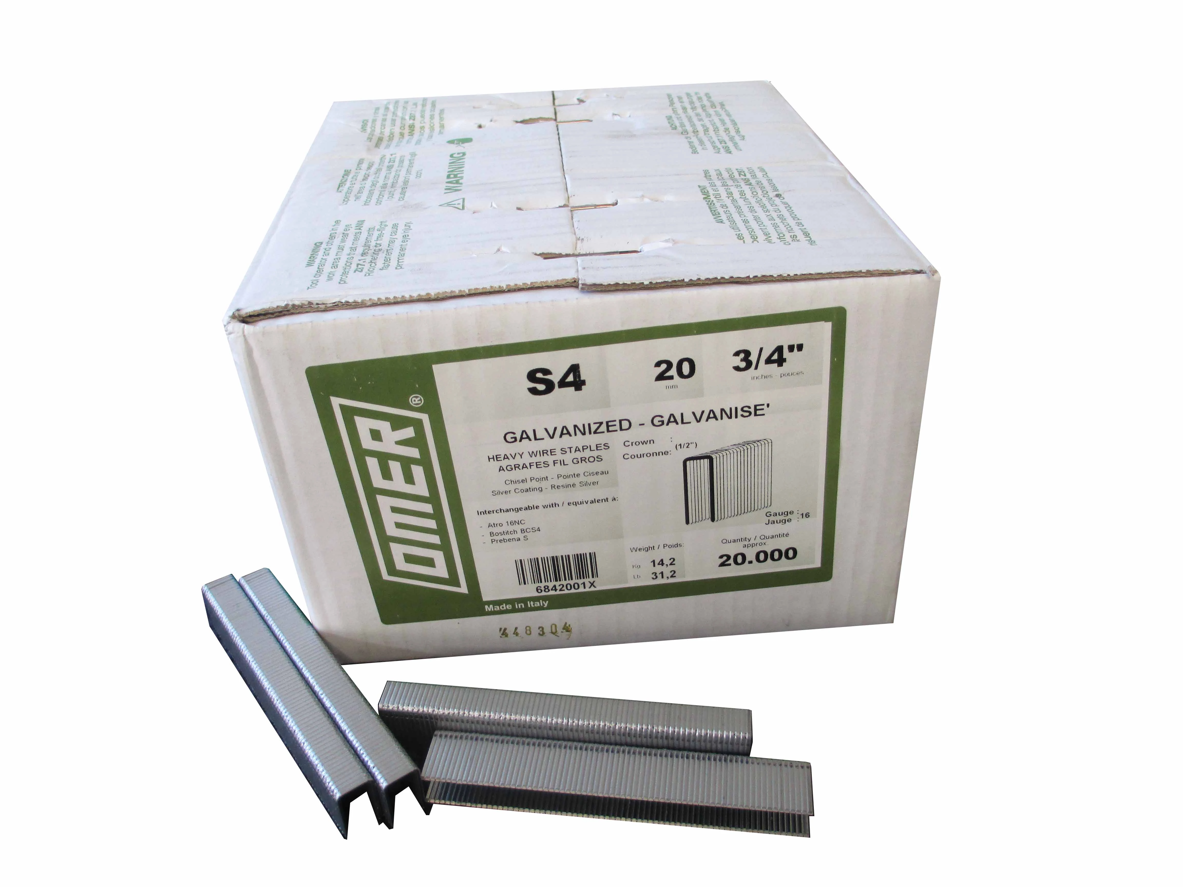 S4/20 OMER® 20mm BCS4 16Ga. Galvanised Staples 20,000pcs/Box
