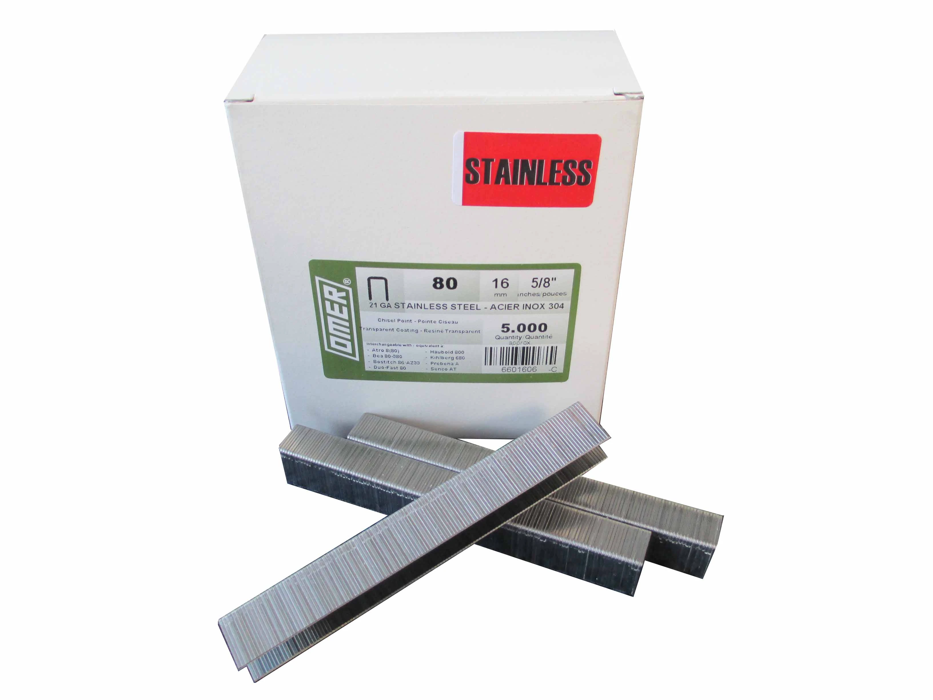 80/16SSCE OMER® 16mm Stainless 304 21Ga. Upholstery Staples 5,000pcs/Box