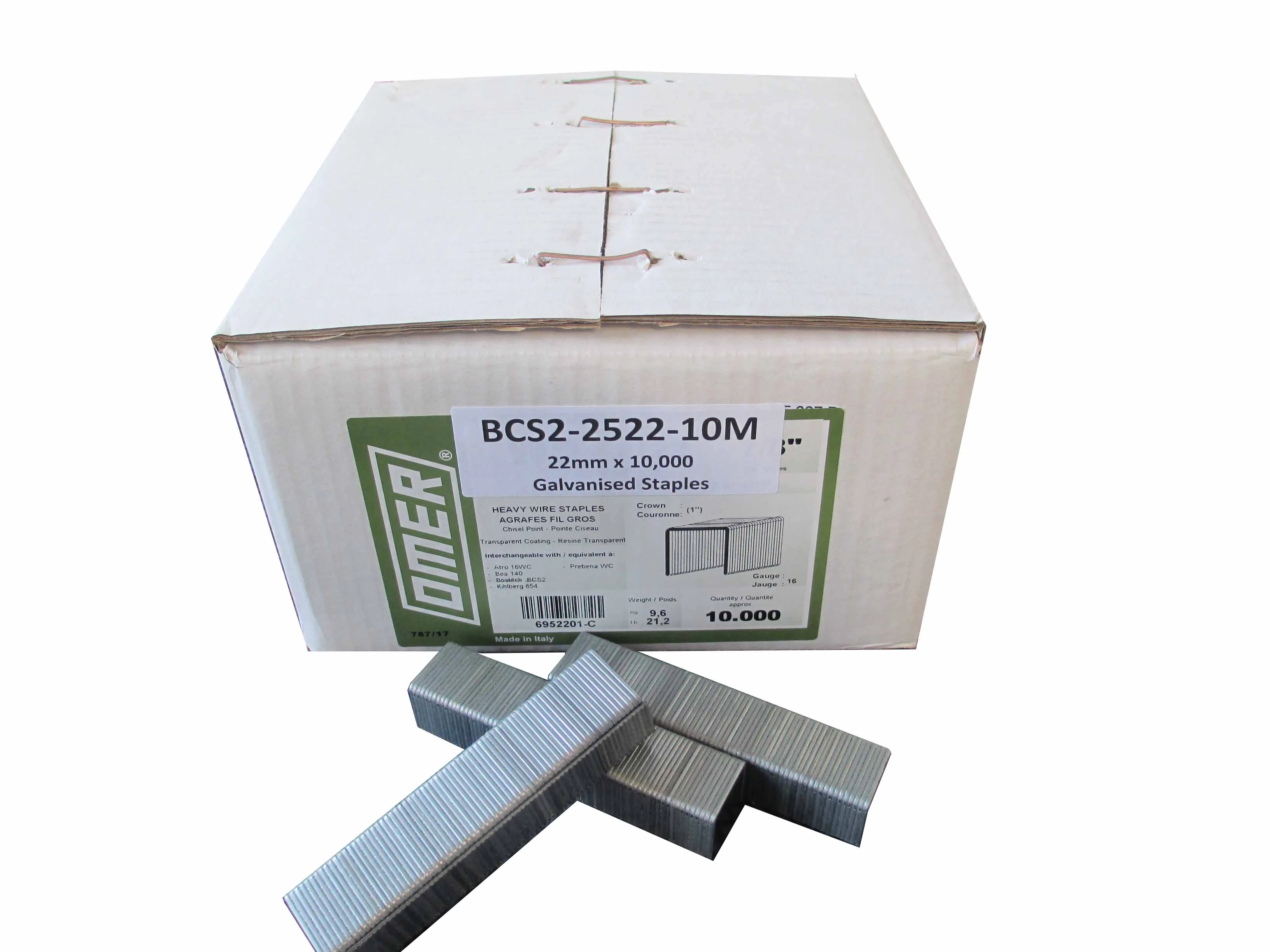 BCS2-2522 OMER® 22mm 16 Ga. Galvanised Staples 10,000pcs/box