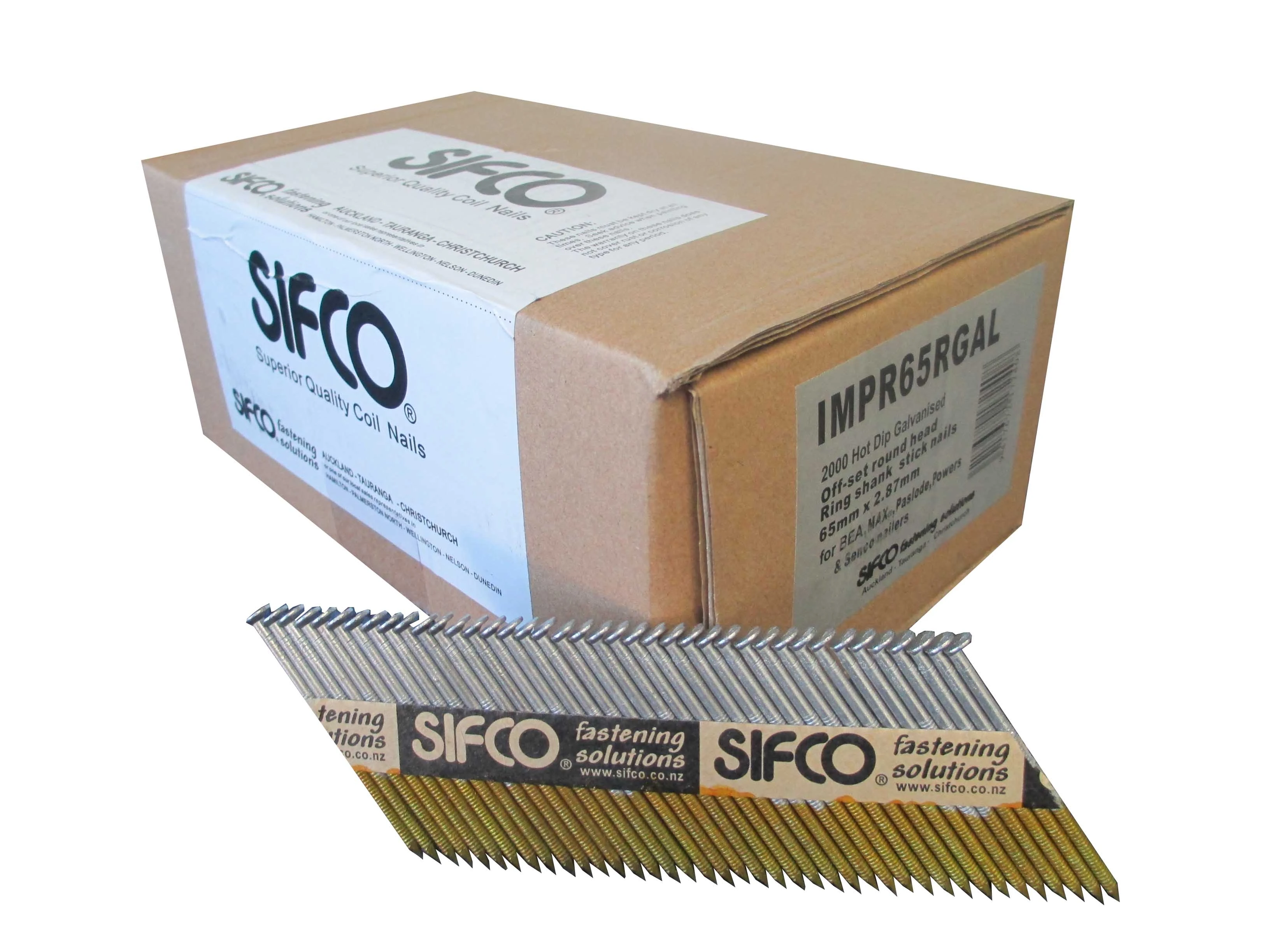 IMPR65RGAL SIFCO® 65mm x 2.87mm Hot Dip Galvanised Ring Shank Full Round Head Paper Taped 34 Degree Stick Nails 2,000pcs/Box