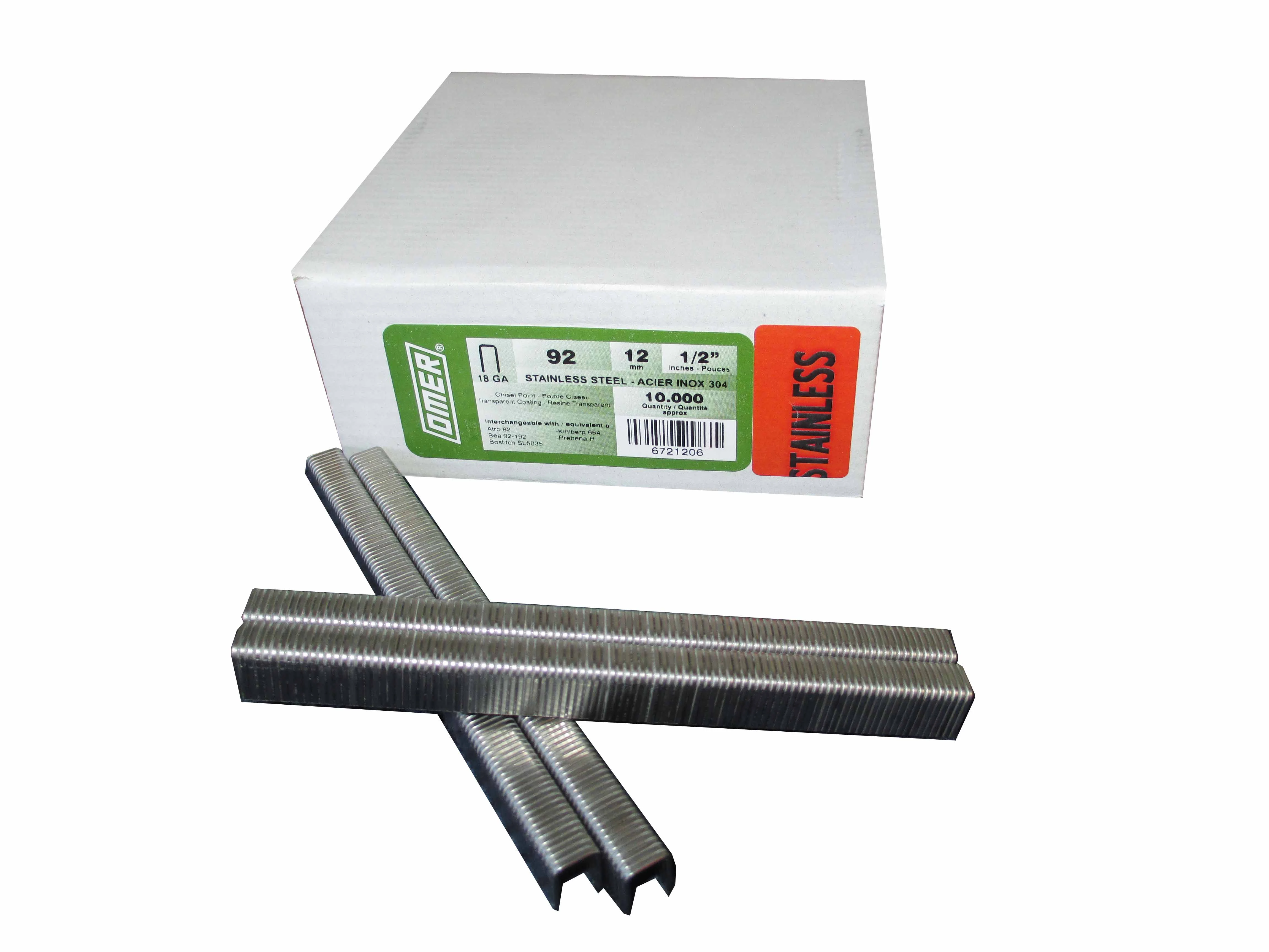 92/12SSCE-10M OMER® 12mm Stainless 18Ga. Industrial Staples for use in Air Staplers 10,000pcs/Box