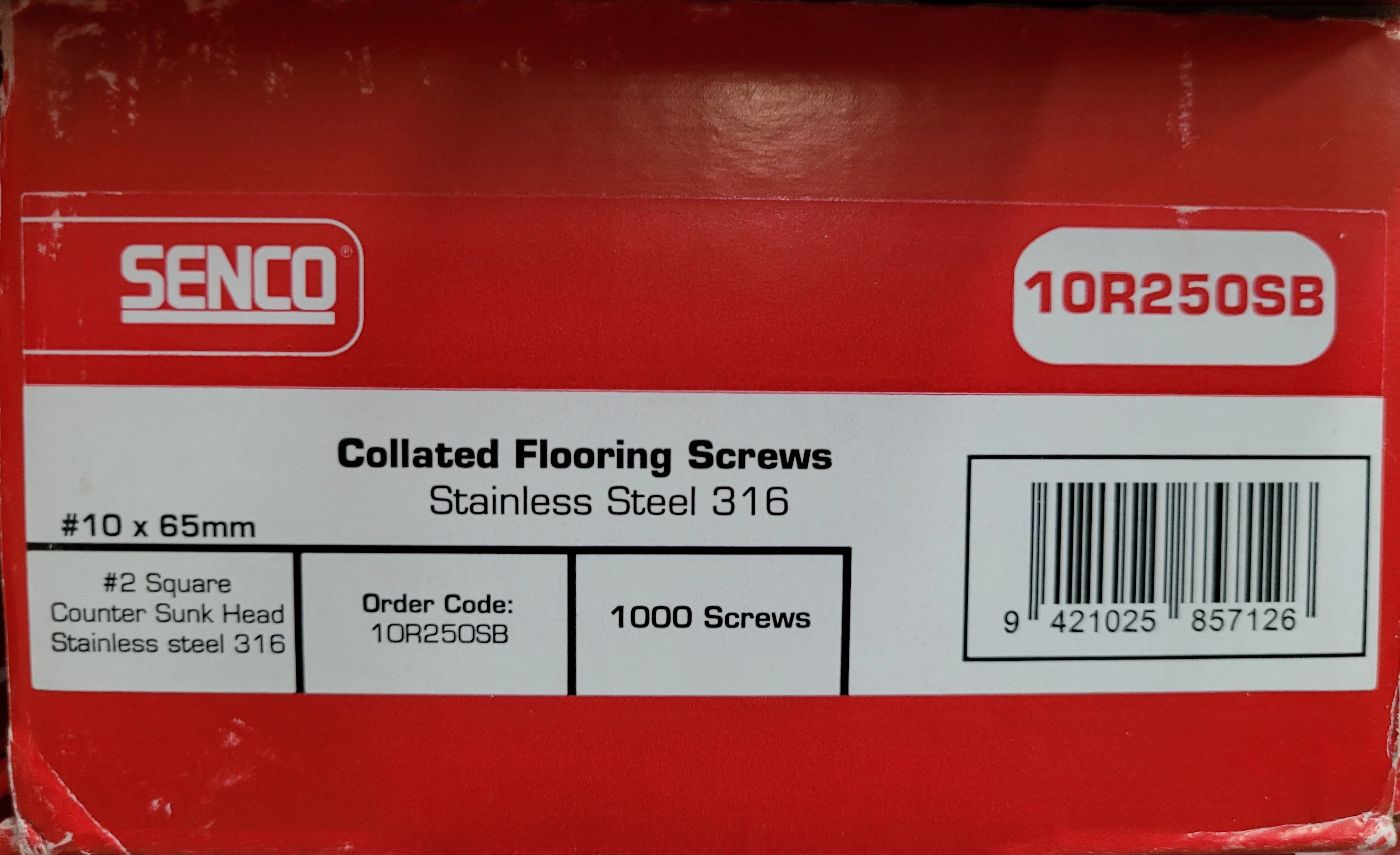 S10R250SBSS SENCO® 65mm x 10Ga. 316 Stainless Flat Head Coarse Collated Flooring Screws, 1,000pcs/Box