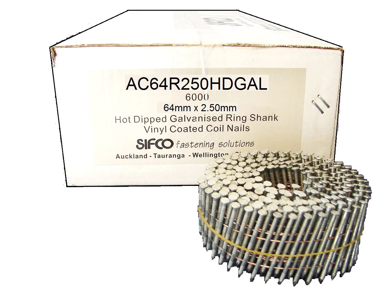 AC64R250HDGAL SIFCO® 64mm x 2.50mm Hot Dip Galvanised Ring Shank Coil Nails 6,000pcs/Box