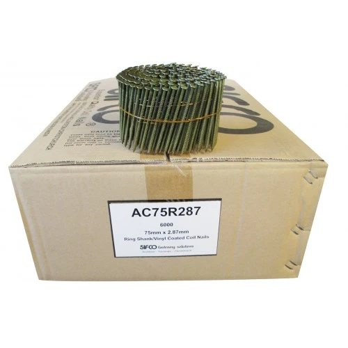 AC75R287 SIFCO® 75mm x 2.87mm Bright Ring Shank Coil Nails, 6,000pcs/Box