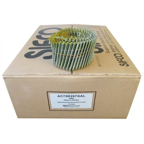 AC75R287GAL SIFCO® 75mm x 2.87mm Galvanised Ring Shank Coil Nails, 6,000pcs/Box