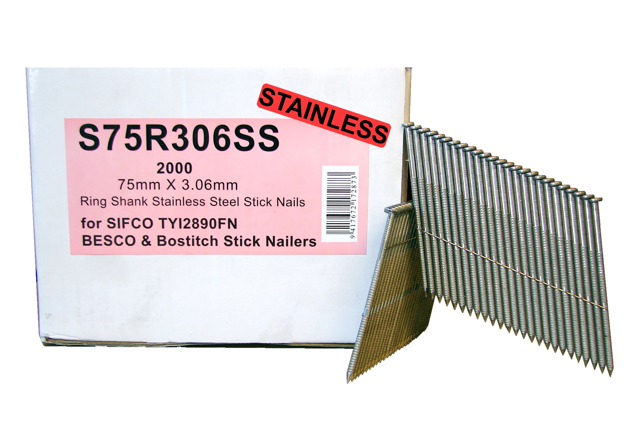 S75R306SS SIFCO® 75mm Stainless Steel Ring Shank Stick Nails 2,000pcs/box
