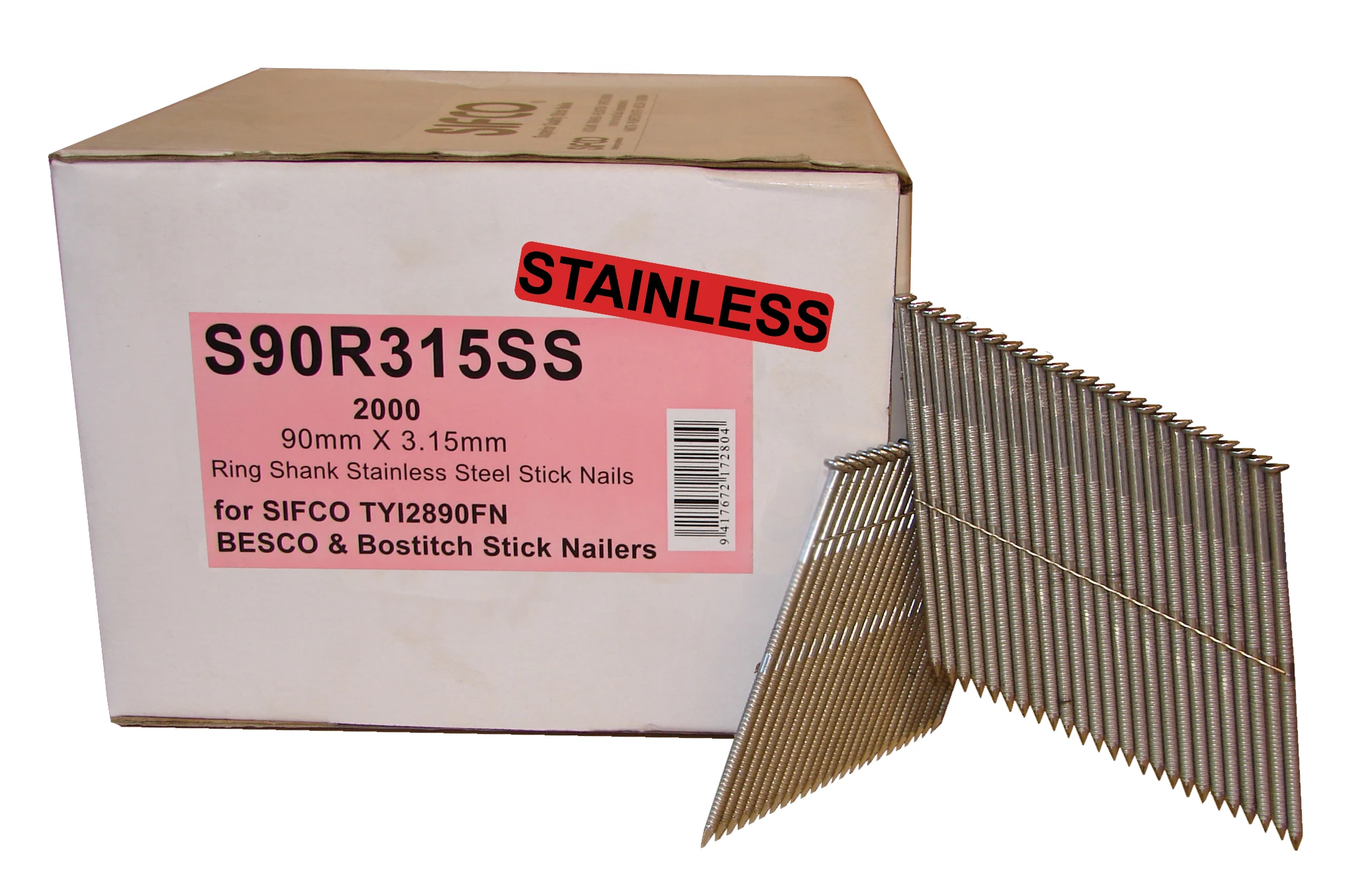 S90R315SS SIFCO® 90mm Stainless Steel Ring Shank Nails 2,000pcs/box