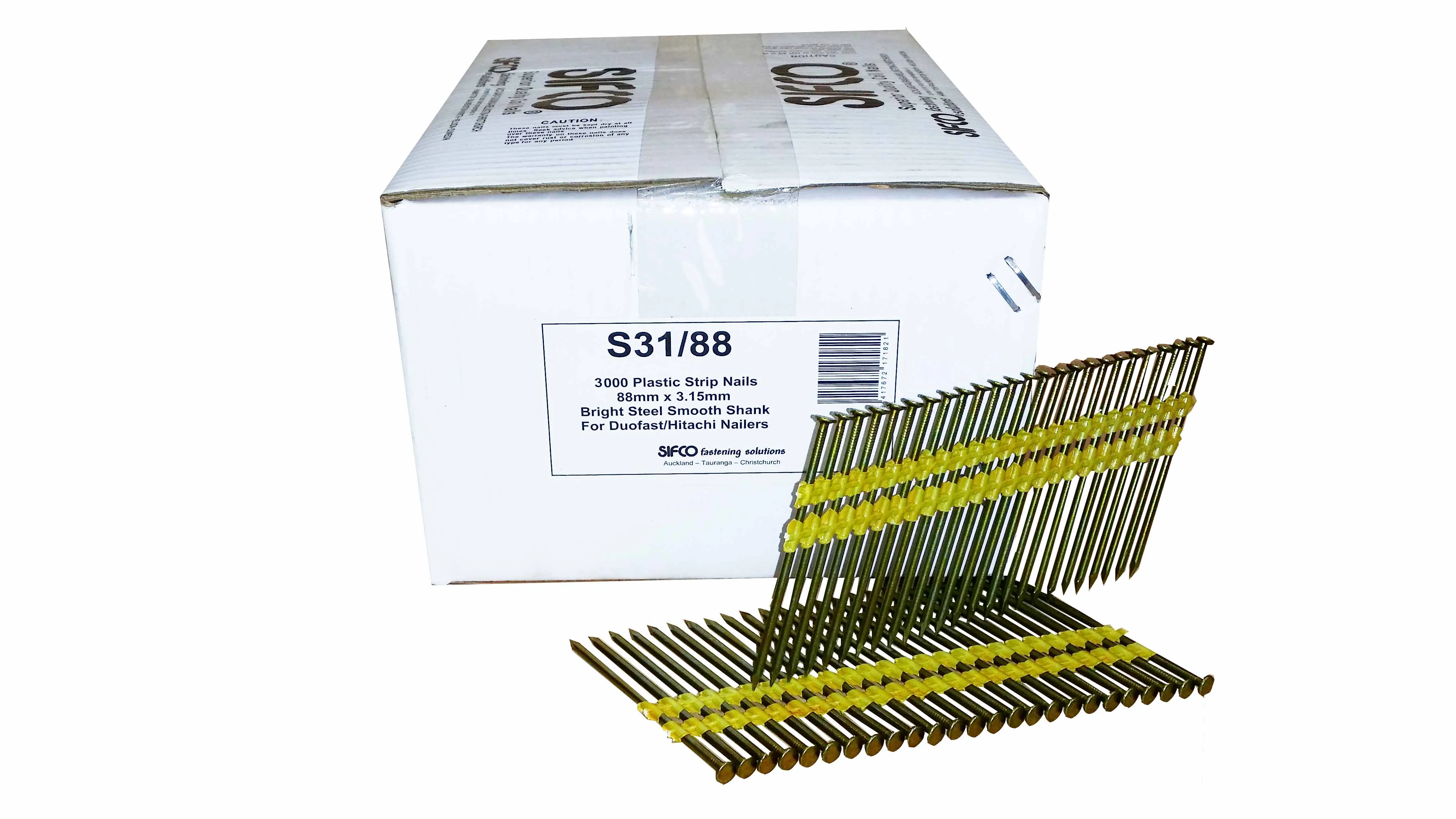 S31/88 SIFCO® 88mm x 3.15mm Bright Smooth Plastic Strip Collated Stick Nails 3,000pcs/box