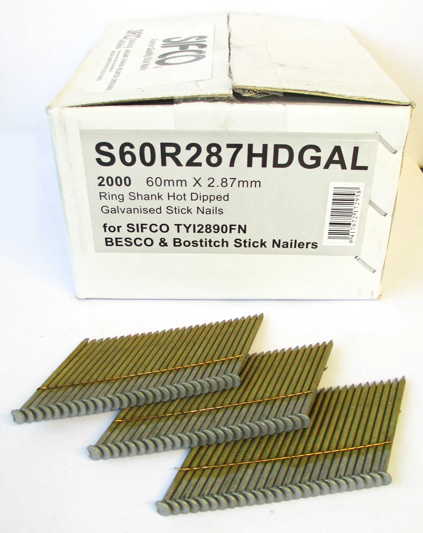 S60R287HDGAL SIFCO® 60mm Hot Dip Galvanised Ring Shank Stick Nails 2,000pcs/box