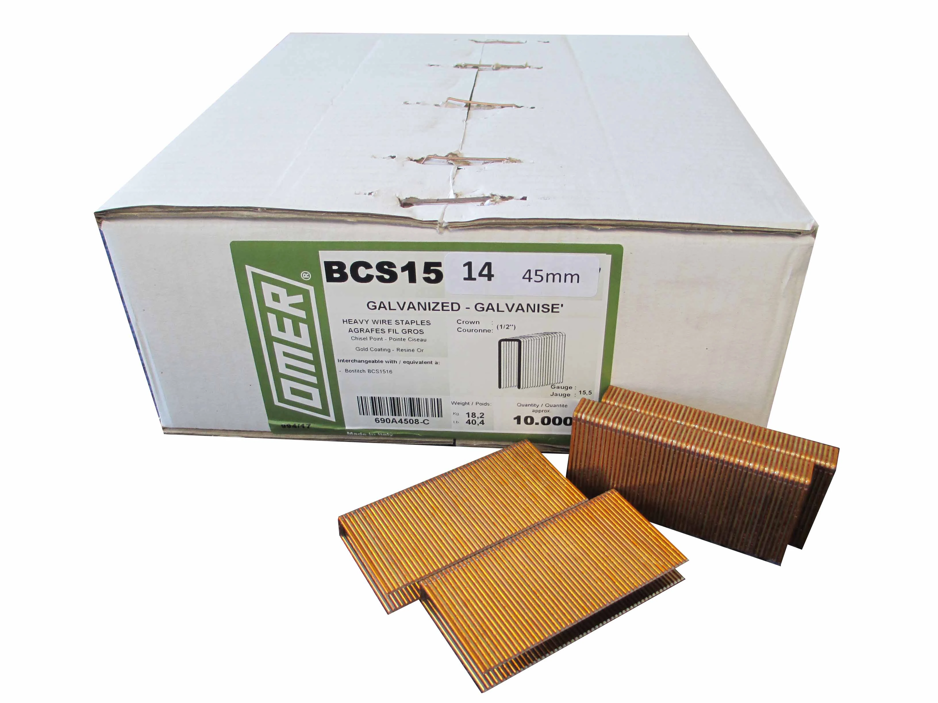 BCS1514 OMER® 45mm 15.5Ga. Galvanised Staples 10,000pcs/Box