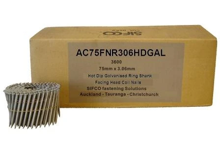 AC75FNR306HDGAL SIFCO® 75mm Hot Dip Galvanised Face Nailing Head Ring Shank Coil Nails, 3,600pcs/Box